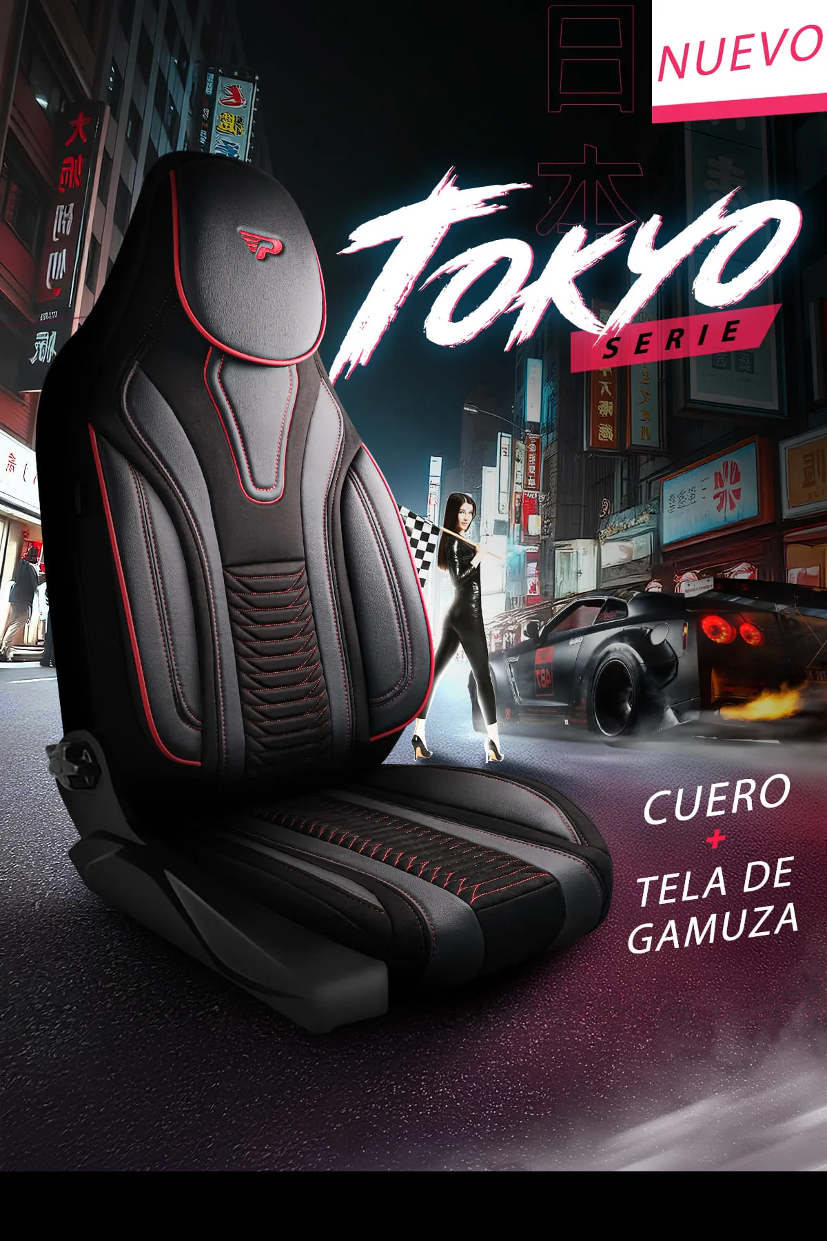 FUNDAS DE ASIENTO DE VEHÍCULOS COMERCIALES - MODELO PILOTO - TOKYO - NEGRO/ROJO - 1+1 ASIENTO - GAMUZA & CUERO - PANDASEATCOVER - Imagen 2