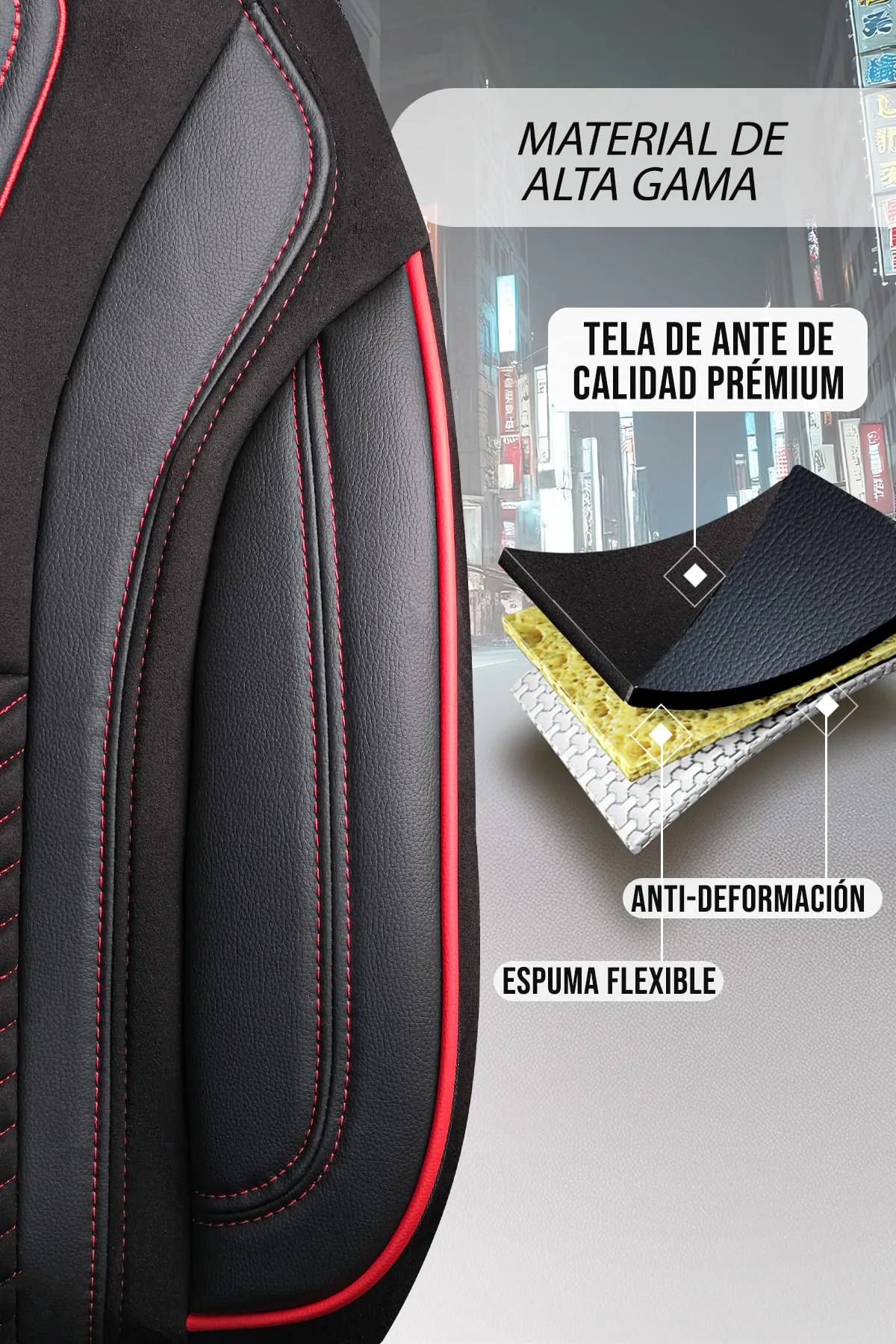 FUNDAS DE ASIENTO DE VEHÍCULOS COMERCIALES - MODELO PILOTO - TOKYO - NEGRO/ROJO - 1+1 ASIENTO - GAMUZA & CUERO - PANDASEATCOVER - Imagen 5