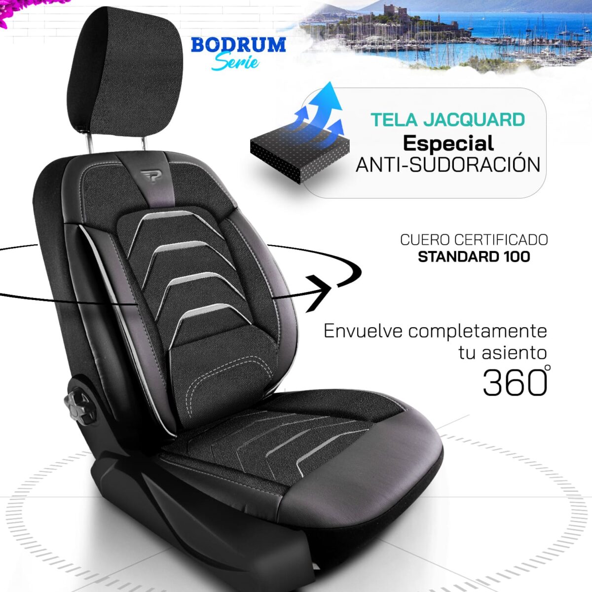 FUNDAS PARA ASIENTO DE COCHE - BODRUM - NEGRO/GRIS - SET COMPLETO - TELA JACQUARD & CUERO - DISEÑO ORTOPÉDICO - PANDASEATCOVER - Imagen 2