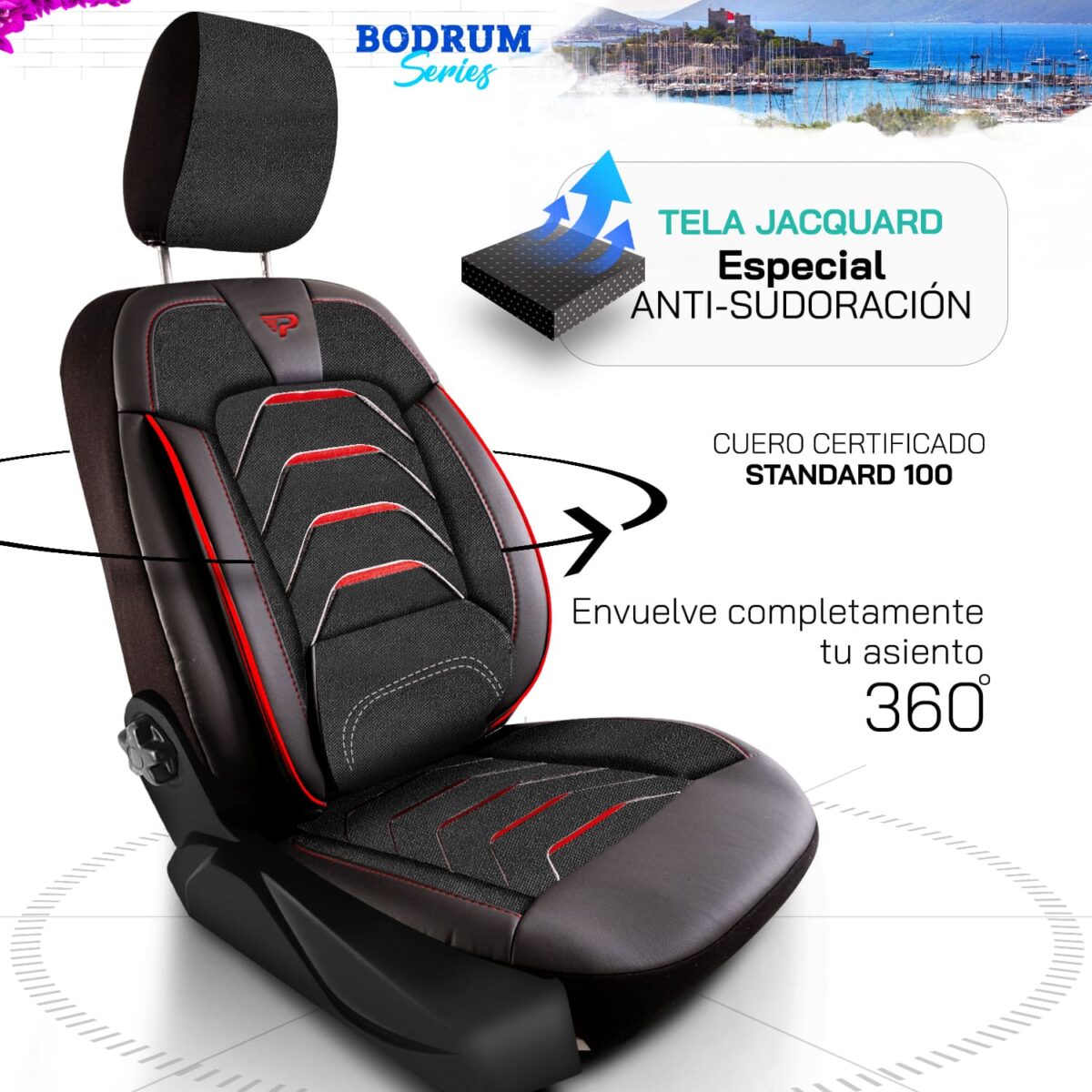 FUNDAS PARA ASIENTO DE COCHE - BODRUM - NEGRO/ROJO - SET COMPLETO - TELA JACQUARD & CUERO - DISEÑO ORTOPÉDICO - PANDASEATCOVER - Imagen 2